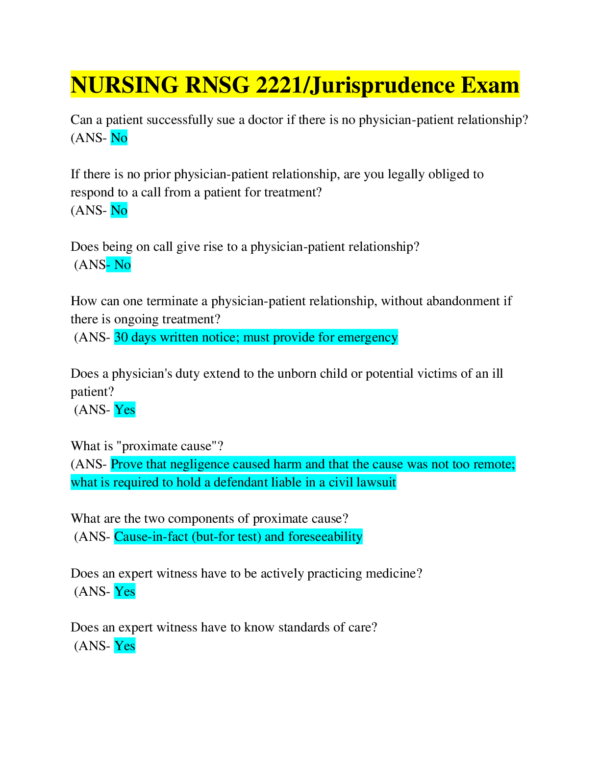 Preview of NURSING RNSG 2221/Jurisprudence Exam/ Latest 2022 Complete Solution/ 100%Verified